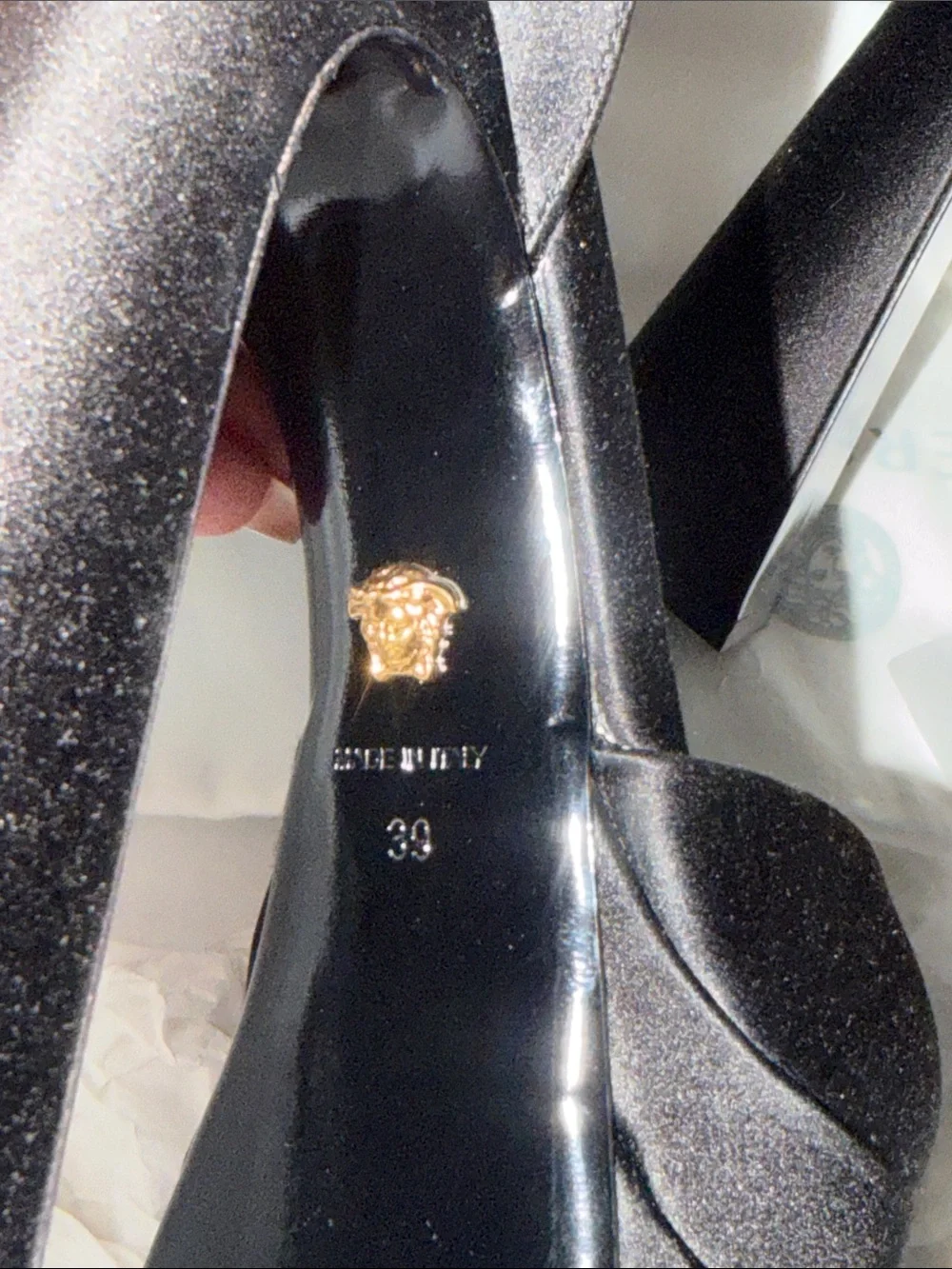 Versace Black Satin Platform Slingback Heels with Crystal-Strap Accents